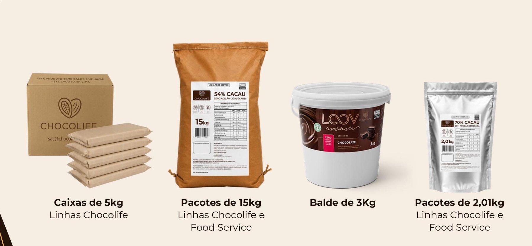 Formatos de entrega VRG Foods: pacotes de 15kg, 5kg e baldes de 3kg e 18kg